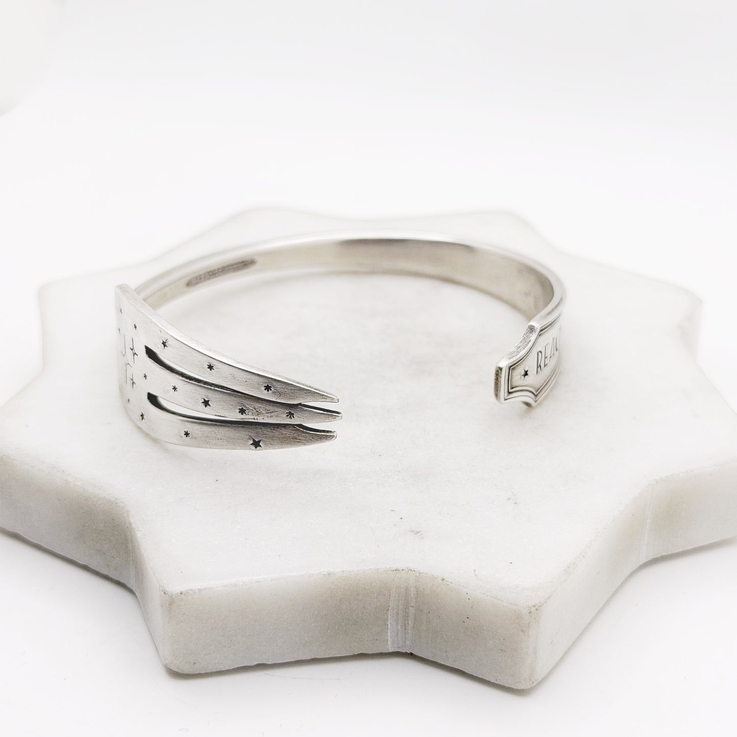 Reach the Stars, Legacy 1928, Cocktail Fork Cuff Bracelet, Hand Stamped Vintage Seafood Fork Bracelets callistafaye