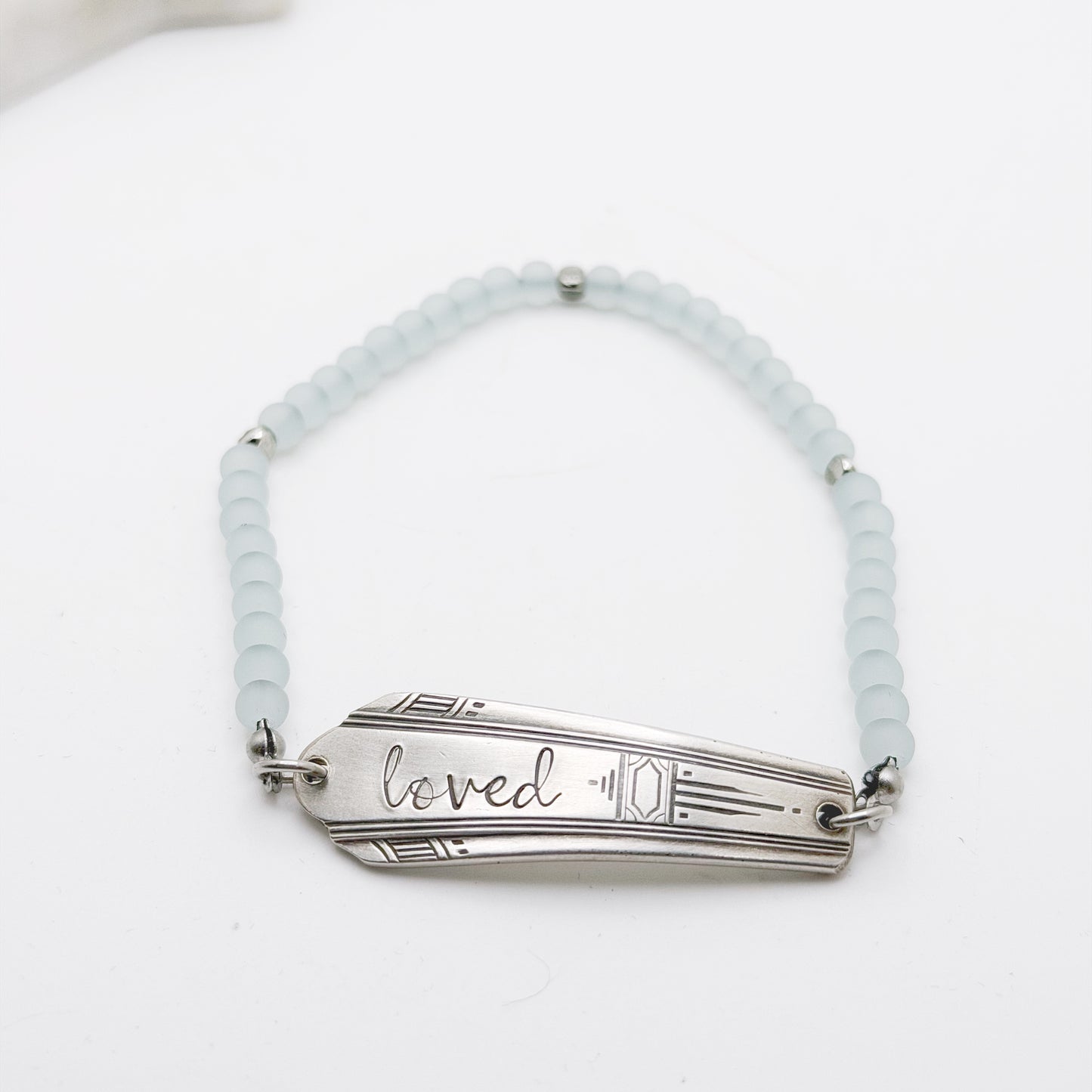 Loved, Paramount 1933, Pale Blue Sea Glass, Beaded Silverware Stretch Bracelet, Vintage Spoon Handle, Antique Spoon Bracelet Bracelets callistafaye