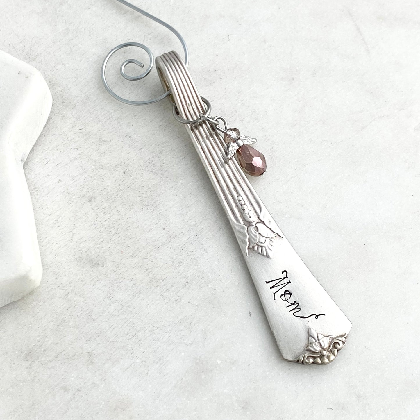 Mom, Angel Charm Ornament, Guild-Cadence 1932, Hand Stamped Vintage Spoon Ornament Ornaments callistafaye