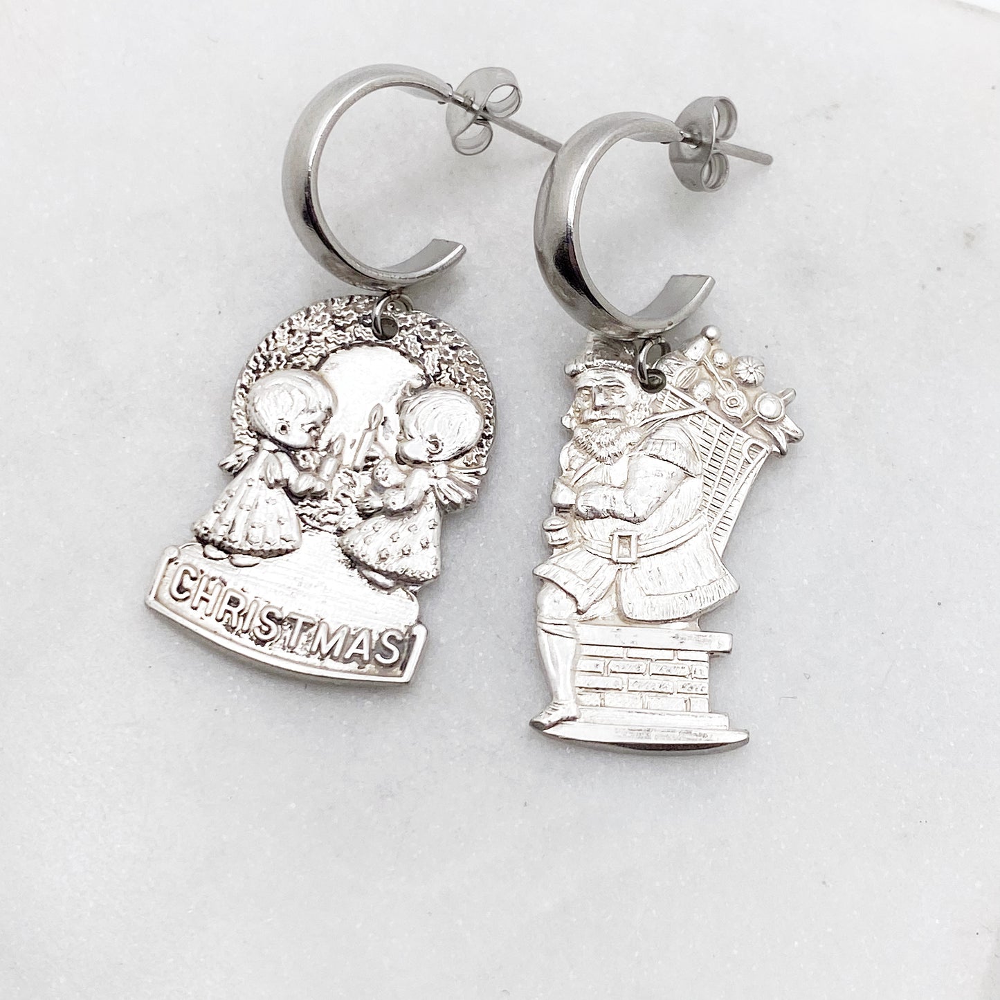 Christmas Candles and Santa Earrings, Spoon Handle Hoop Earrings, Reclaimed Collector's Spoon Earrings, Vintage Souvenir Spoon Jewelry Earrings callistafaye