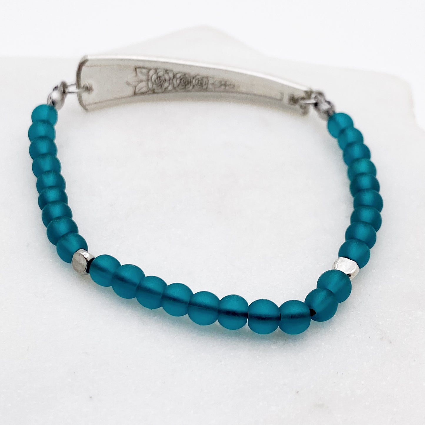 Gardenia 1941, Frosted Teal Sea Glass, Beaded Silverware Stretch Bracelet, Vintage Spoon Handle, Antique Spoon Bracelet Bracelets callistafaye