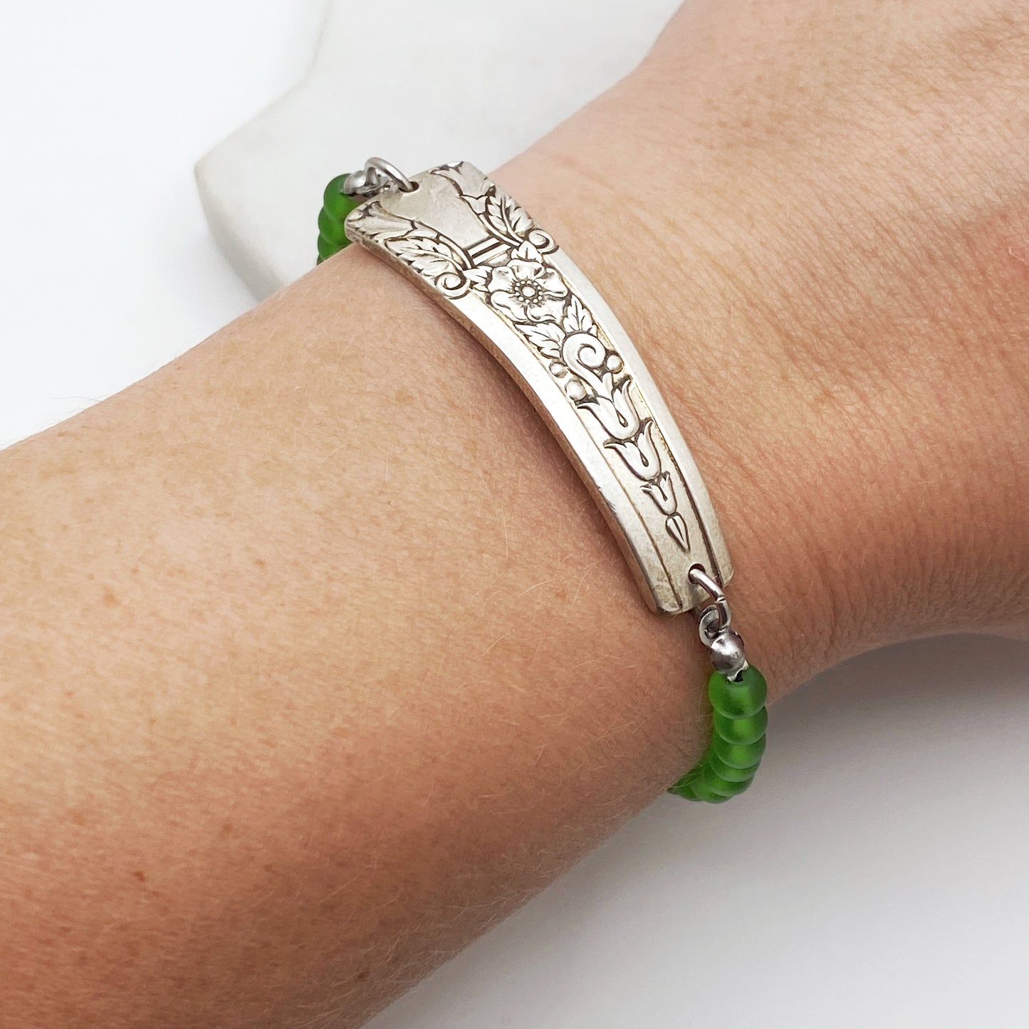 Secret Garden, Frosted Green Sea Glass, Beaded Silverware Stretch Bracelet, Vintage Spoon Handle, Antique Spoon Bracelet Bracelets callistafaye