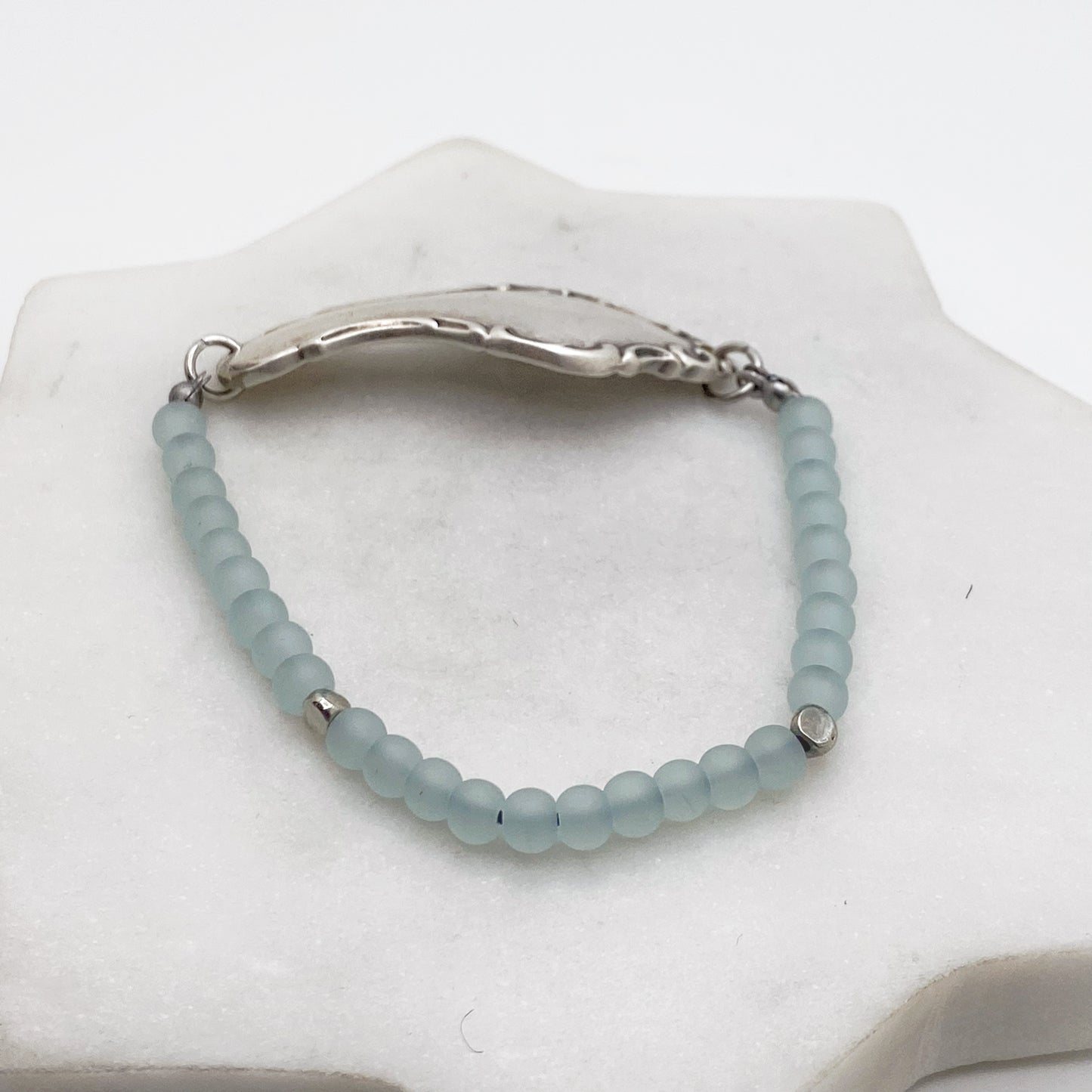 Wakefield 1965, Pale Blue Sea Glass, Beaded Silverware Stretch Bracelet, Vintage Spoon Handle, Antique Spoon Bracelet Bracelets callistafaye