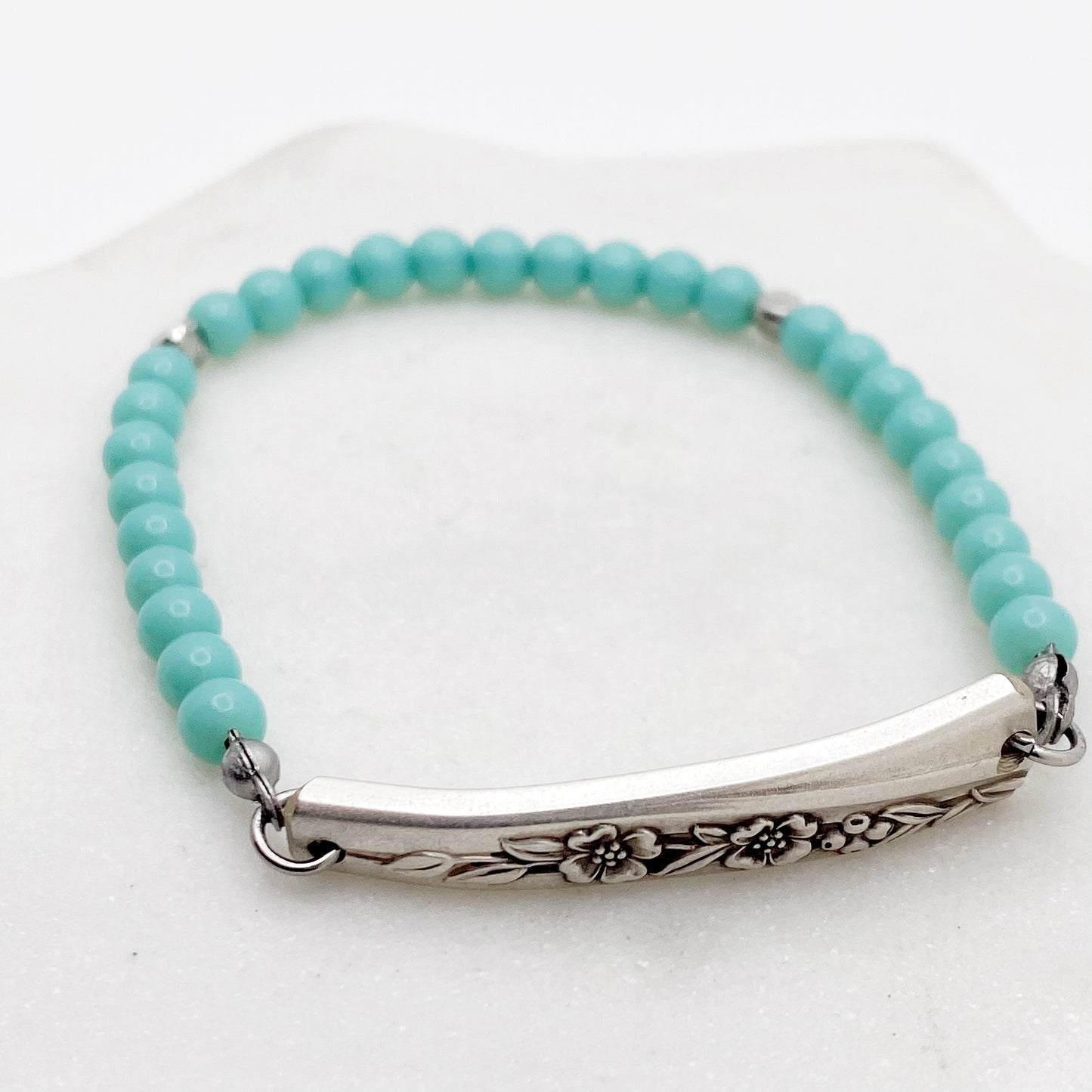 Spring Flower 1956, Turquoise Sea Glass, Beaded Silverware Stretch Bracelet, Vintage Spoon Handle, Antique Spoon Bracelet Bracelets callistafaye