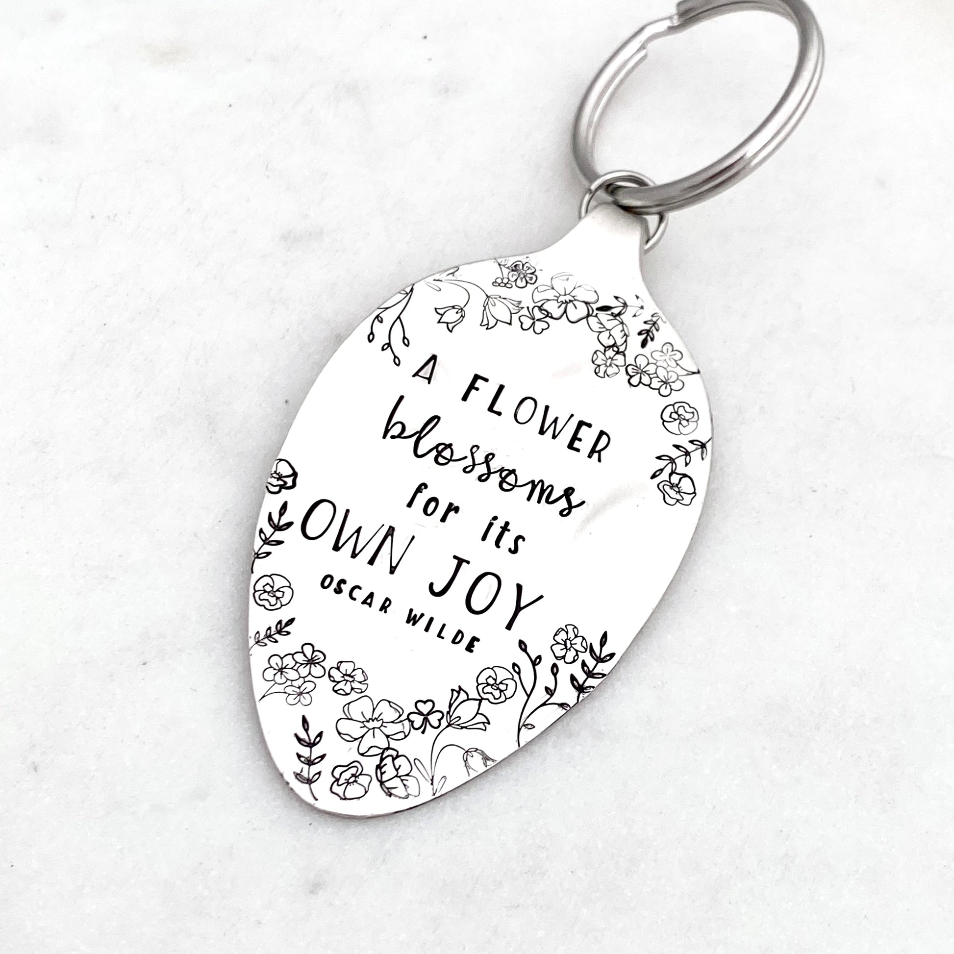 A Flower Blossoms for its Own Joy, Hand Stamped Vintage Spoon Keychain Keychains callistafaye   