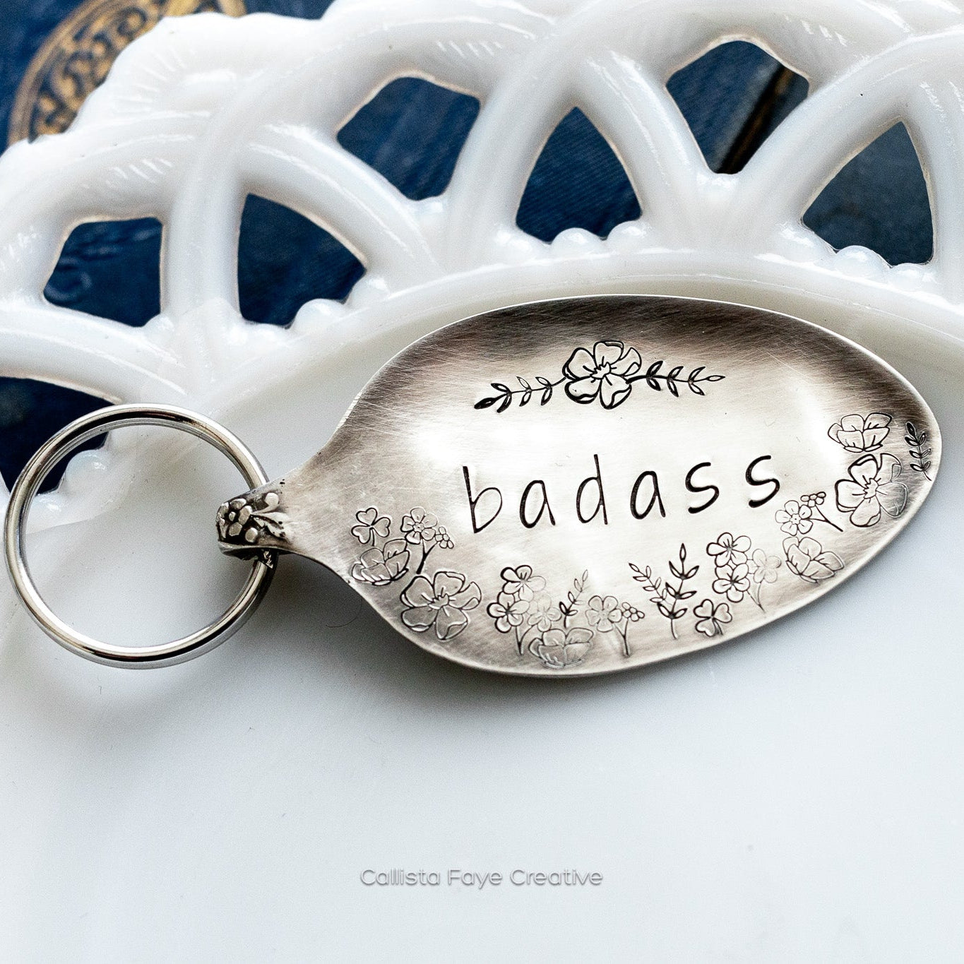 Badass Floral, Hand Stamped Vintage Spoon Keychain Keychains callistafaye