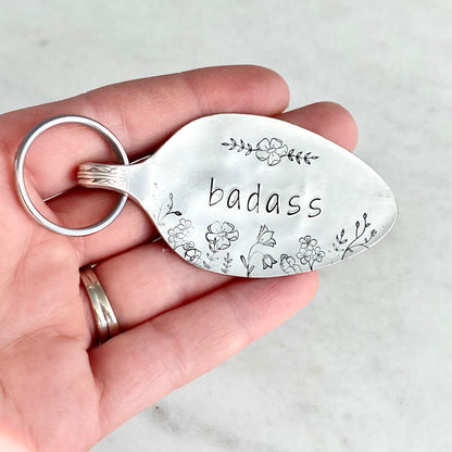 Badass Floral, Hand Stamped Vintage Spoon Keychain Keychains callistafaye   