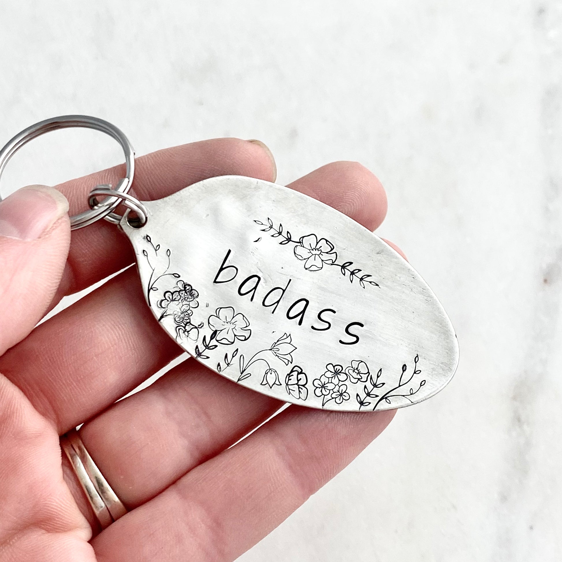 Badass Floral, Hand Stamped Vintage Spoon Keychain Keychains callistafaye   