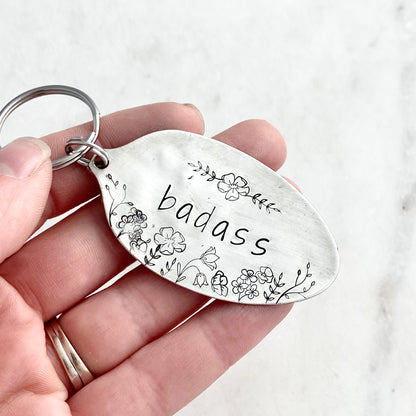 Badass Floral, Hand Stamped Vintage Spoon Keychain Keychains callistafaye   