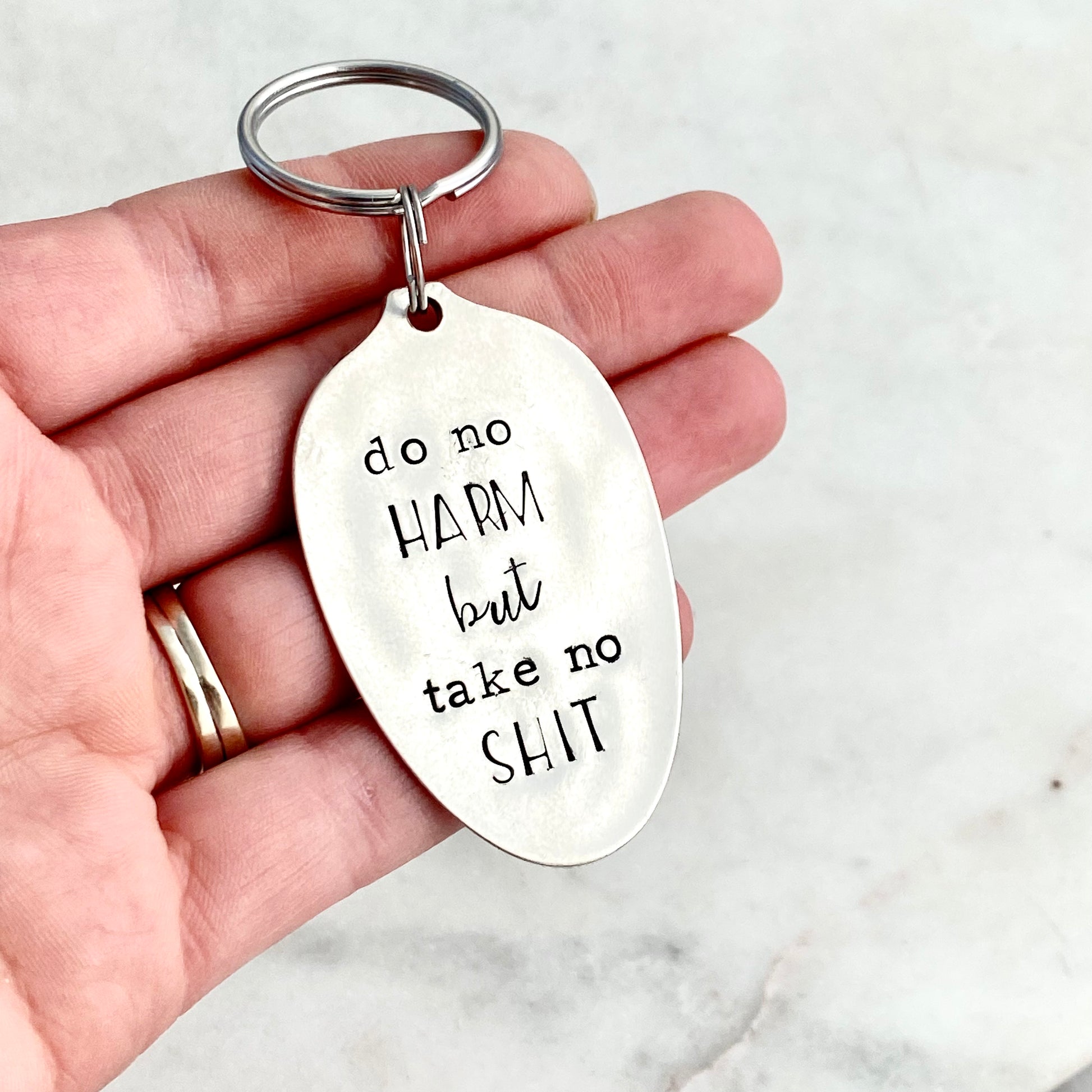 Do No Harm But Take No Shit, Hand Stamped Vintage Spoon Keychain Keychains callistafaye   