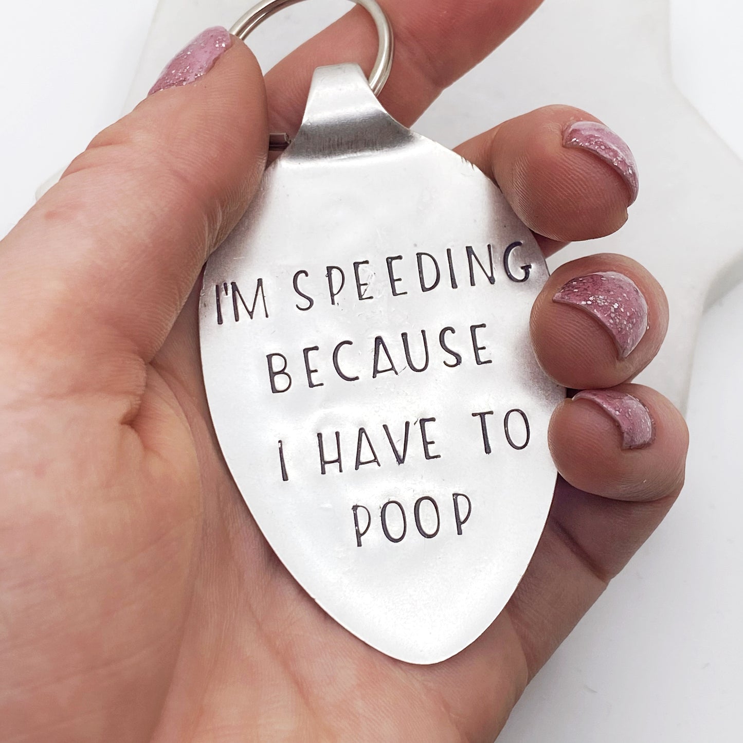 I'm Speeding Because I Have to Poop, Hand Stamped Vintage Spoon Keychain Keychains callistafaye   