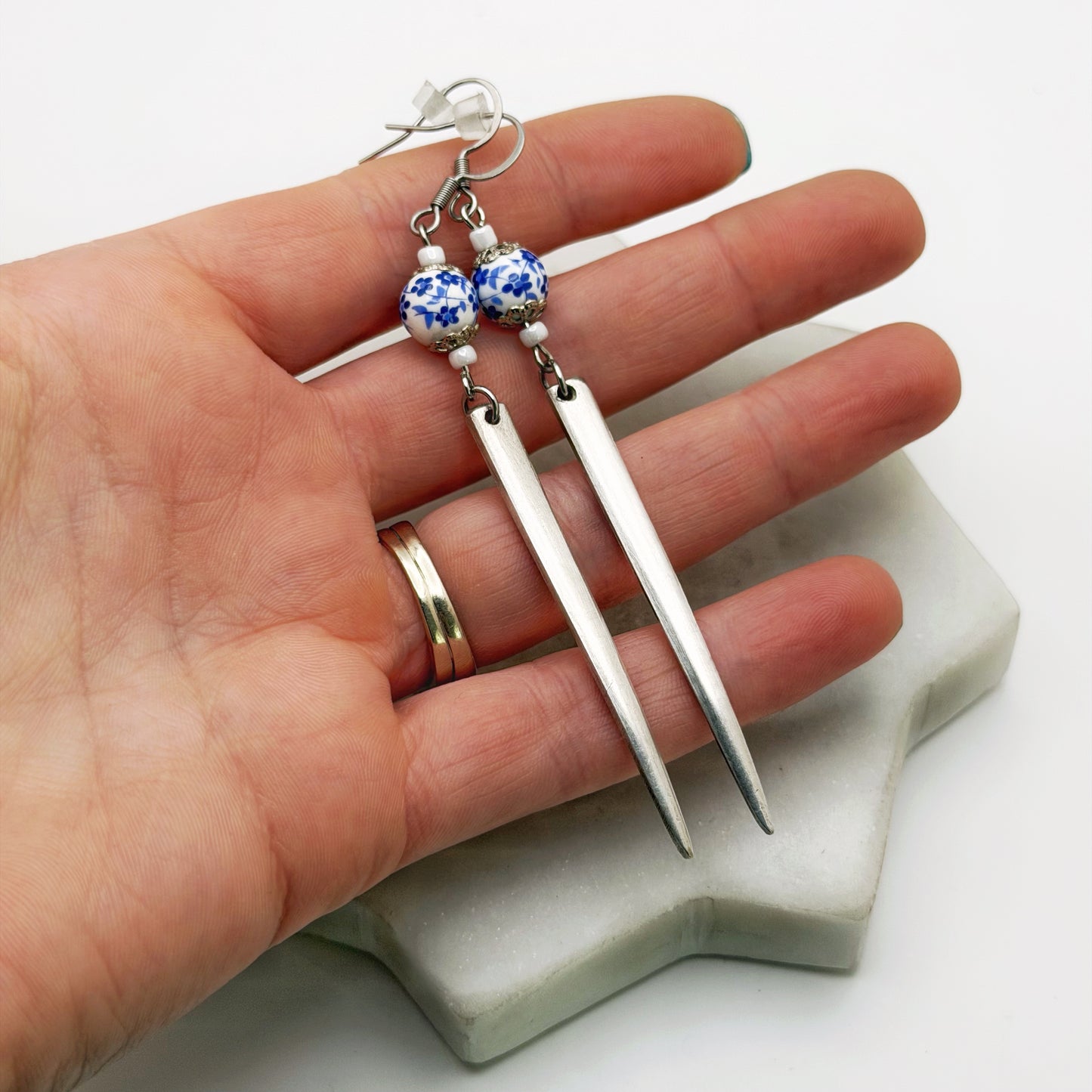 Fork Tine and Bead Drop Earrings (Blue & White Ceramic), Reclaimed Silverware Earrings, Vintage Fork Jewelry Earrings callistafaye