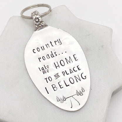 Country Roads Take Me Home, Hand Stamped Vintage Spoon Keychain Keychains callistafaye   