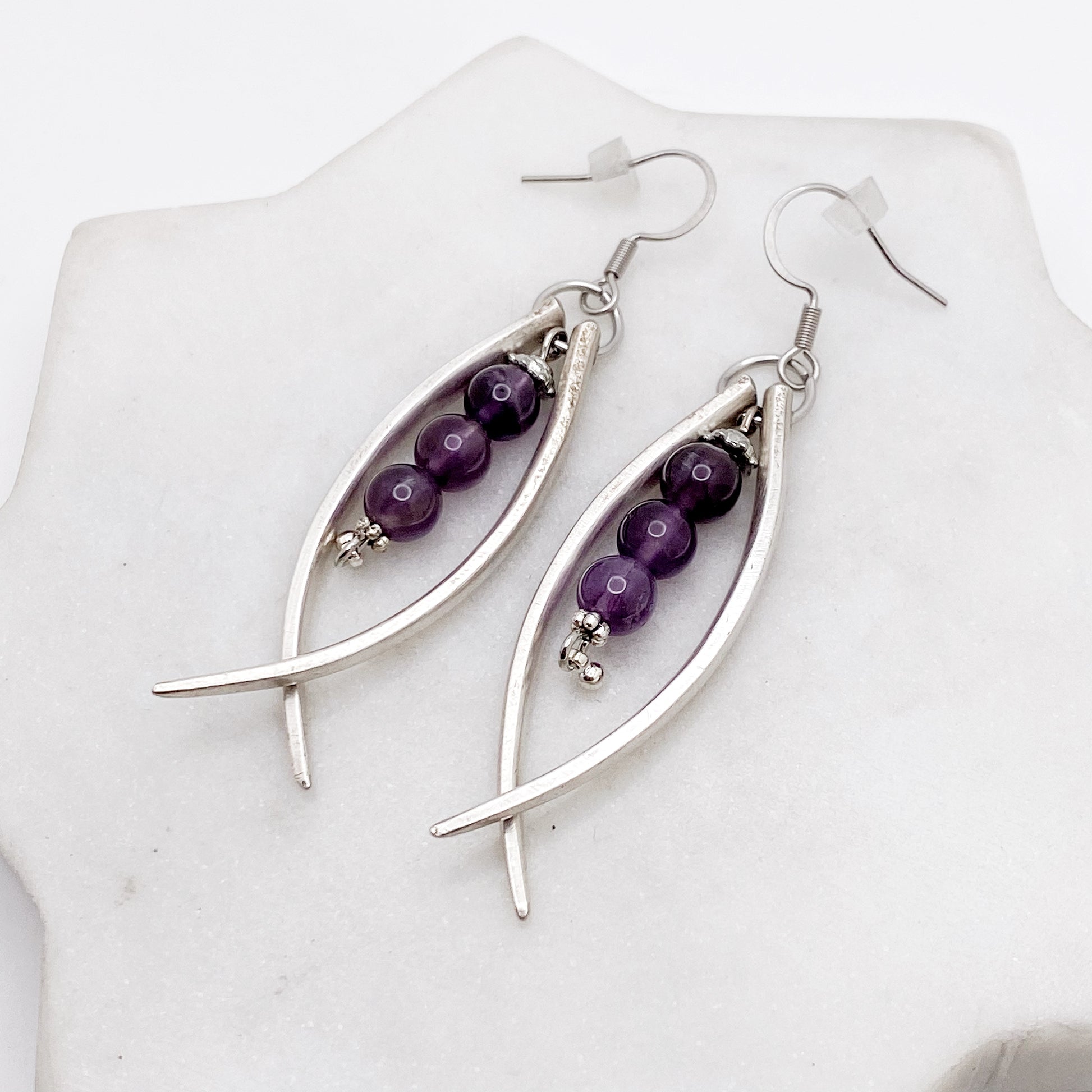 Double Fork Tine and Bead Drop Earrings (Amethyst), Reclaimed Silverware Earrings, Vintage Fork Jewelry Earrings callistafaye   