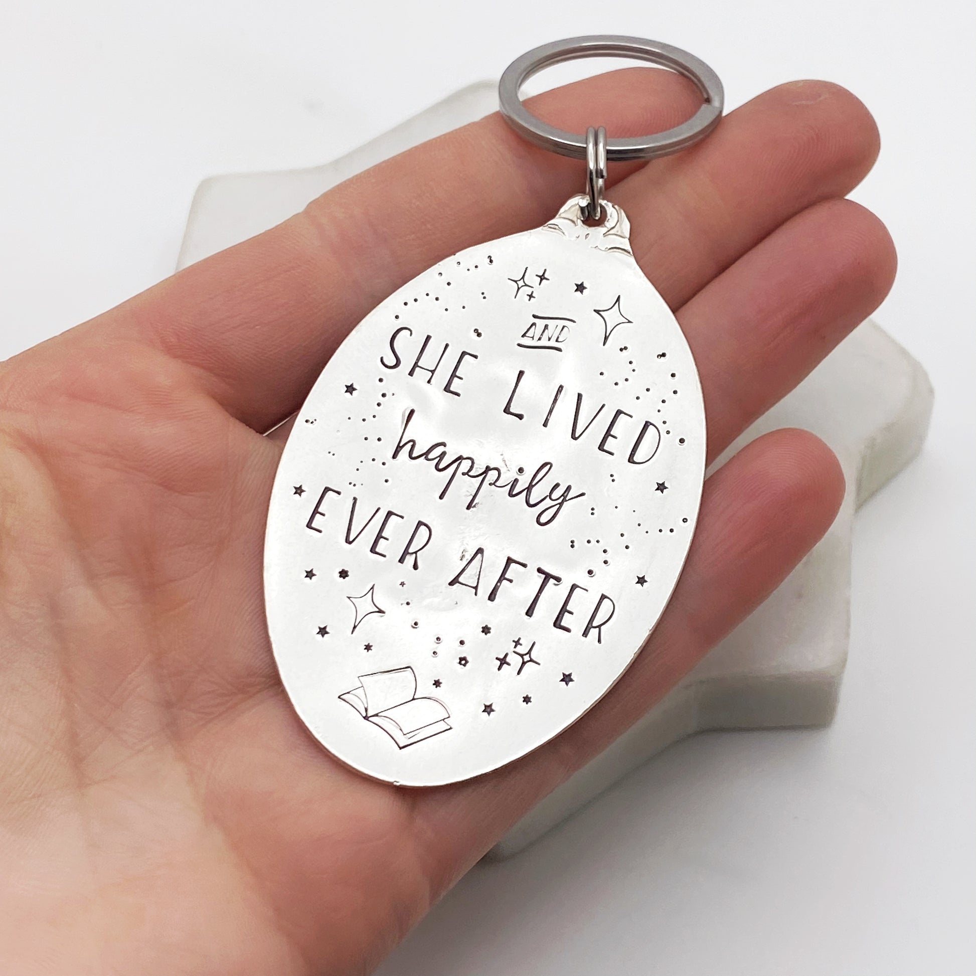 And She Lived Happily Ever After, Hand Stamped Vintage Spoon Keychain Keychains callistafaye   