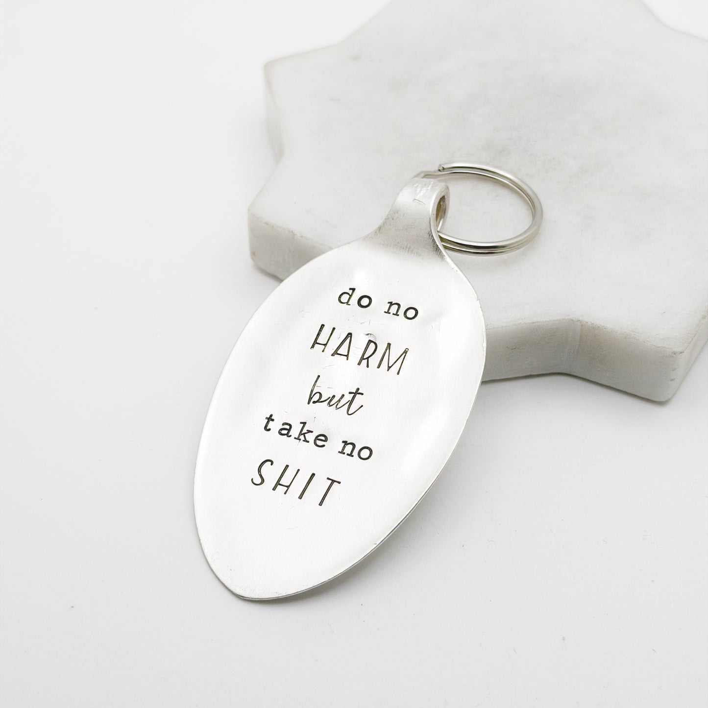 Do No Harm But Take No Shit, Hand Stamped Vintage Spoon Keychain Keychains callistafaye