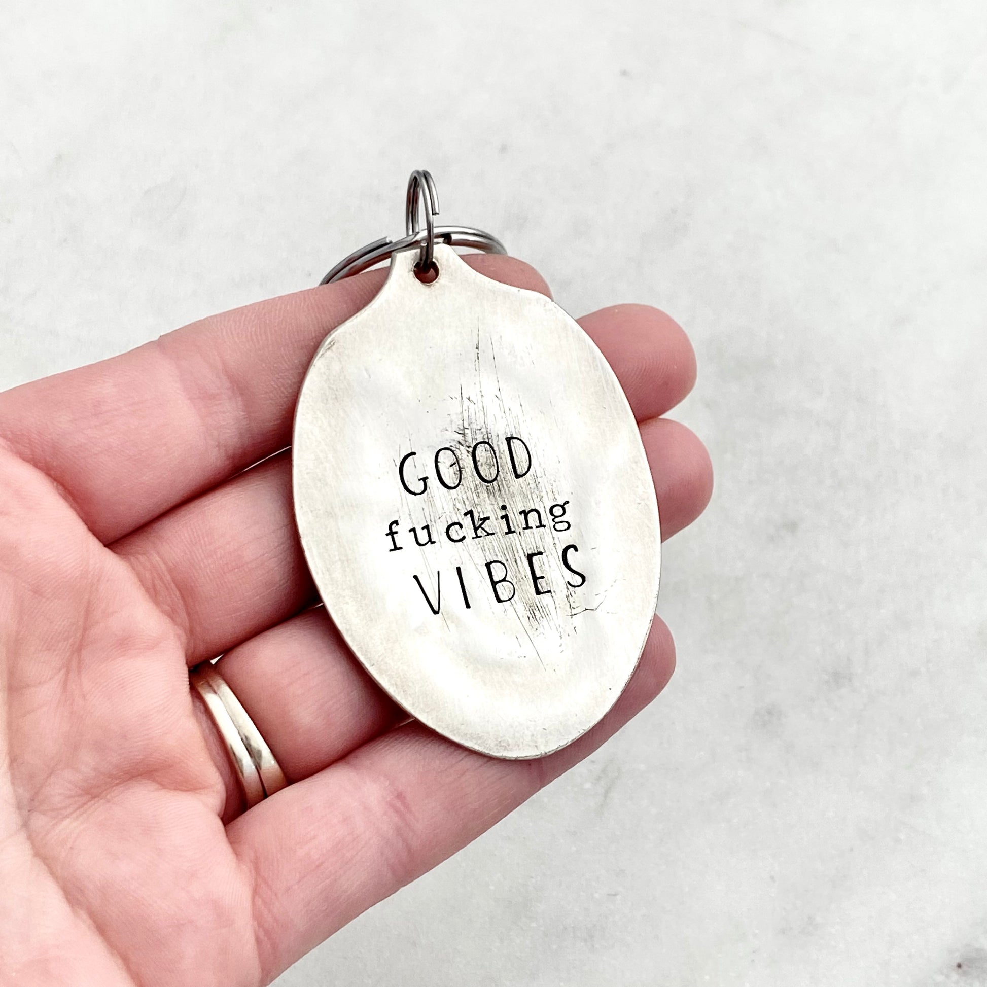 Good Fucking Vibes, Hand Stamped Vintage Spoon Keychain Keychains callistafaye   