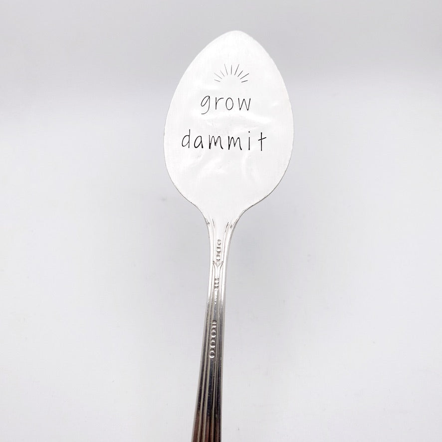 Grow Dammit, Plant Marker, Vintage Spoon Plant Stake, Hand Stamped Houseplant Decor Plant Stake callistafaye