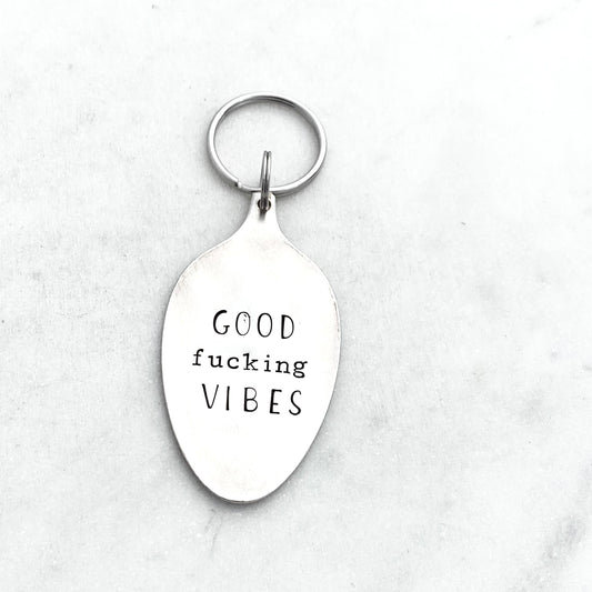 Good Fucking Vibes, Hand Stamped Vintage Spoon Keychain Keychains callistafaye   