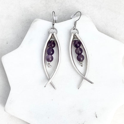 Double Fork Tine and Bead Drop Earrings (Amethyst), Reclaimed Silverware Earrings, Vintage Fork Jewelry Earrings callistafaye   