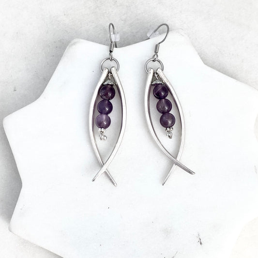 Double Fork Tine and Bead Drop Earrings (Amethyst), Reclaimed Silverware Earrings, Vintage Fork Jewelry