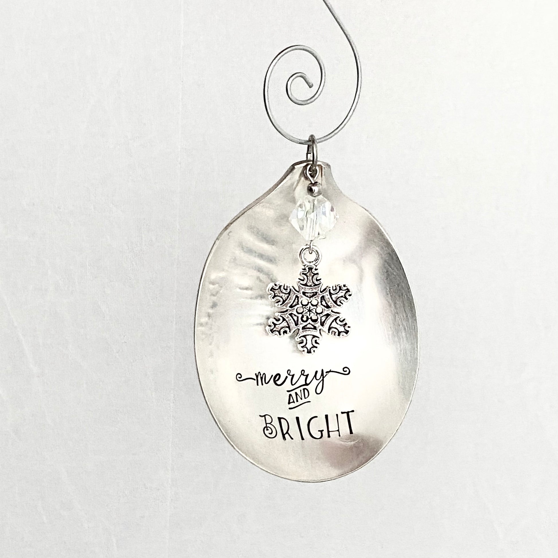 Merry & Bright, Spoon Bowl Ornament, Hand Stamped Vintage Spoon Ornament, Snowflake Ornament Ornaments callistafaye   
