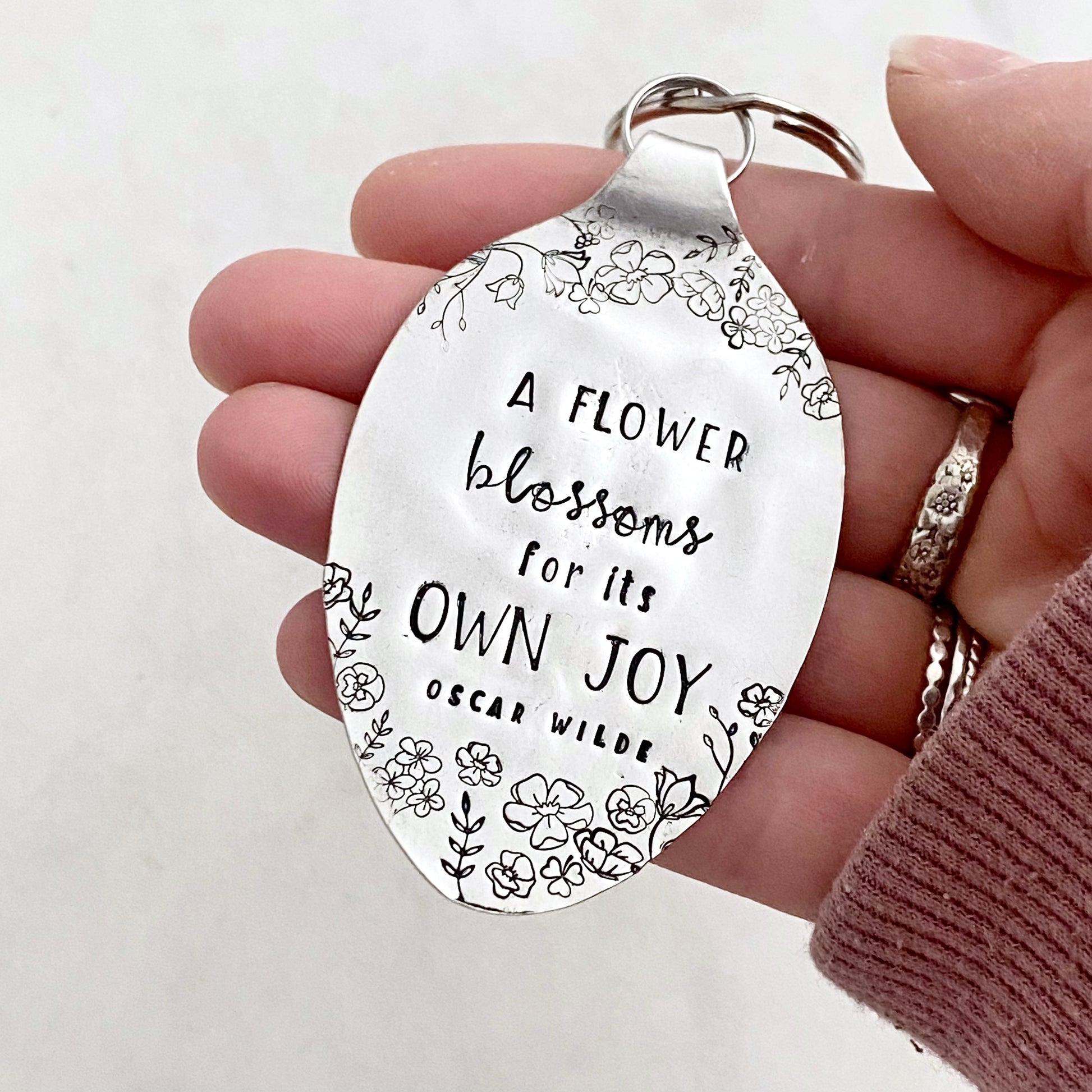 A Flower Blossoms for its Own Joy, Hand Stamped Vintage Spoon Keychain Keychains callistafaye   