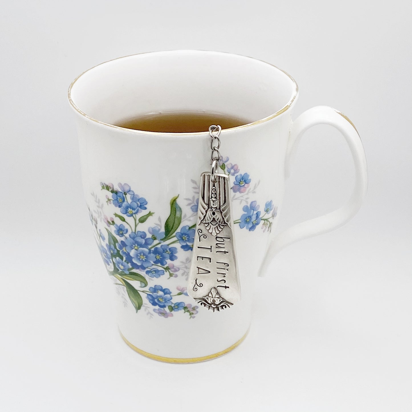 But First Tea, Guild Cadence 1932 Tea Infuser, Loose Leaf Tea Steeper, Heart Shape Tea Diffuser with chain and Vintage Silverware Charm, Stainless Steel Tea Ball Strainer Tea Infuser callistafaye   