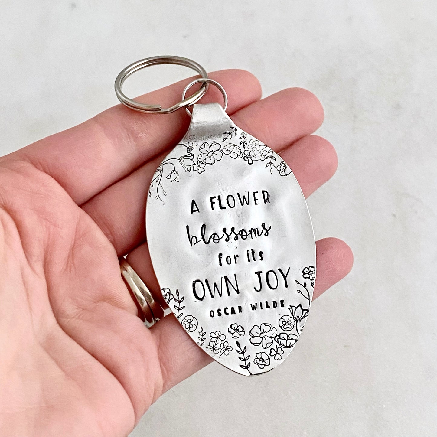 A Flower Blossoms for its Own Joy, Hand Stamped Vintage Spoon Keychain Keychains callistafaye   