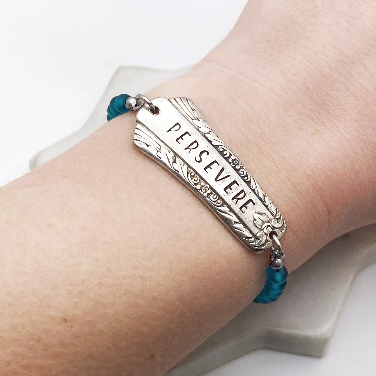 Custom Sea Glass, Personalized Beaded Silverware Stretch Bracelet, Vintage Spoon Handle, Antique Spoon Bracelet