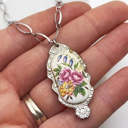 Floral Bouquet Pendant, Flower Jewelry, Reclaimed Collector's Spoon Necklace, Vintage Souvenir Spoon Jewelry