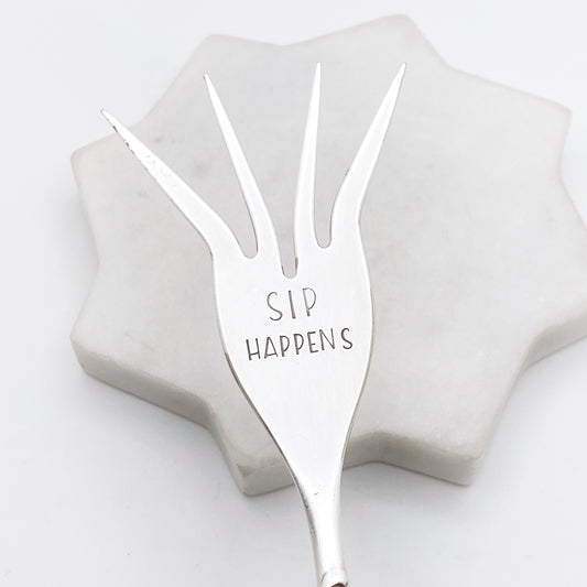 Sip Happens, Caesar Cocktail Fork, Bloody Mary Garnish Fork, Hand Stamped Vintage Fork Forks callistafaye   