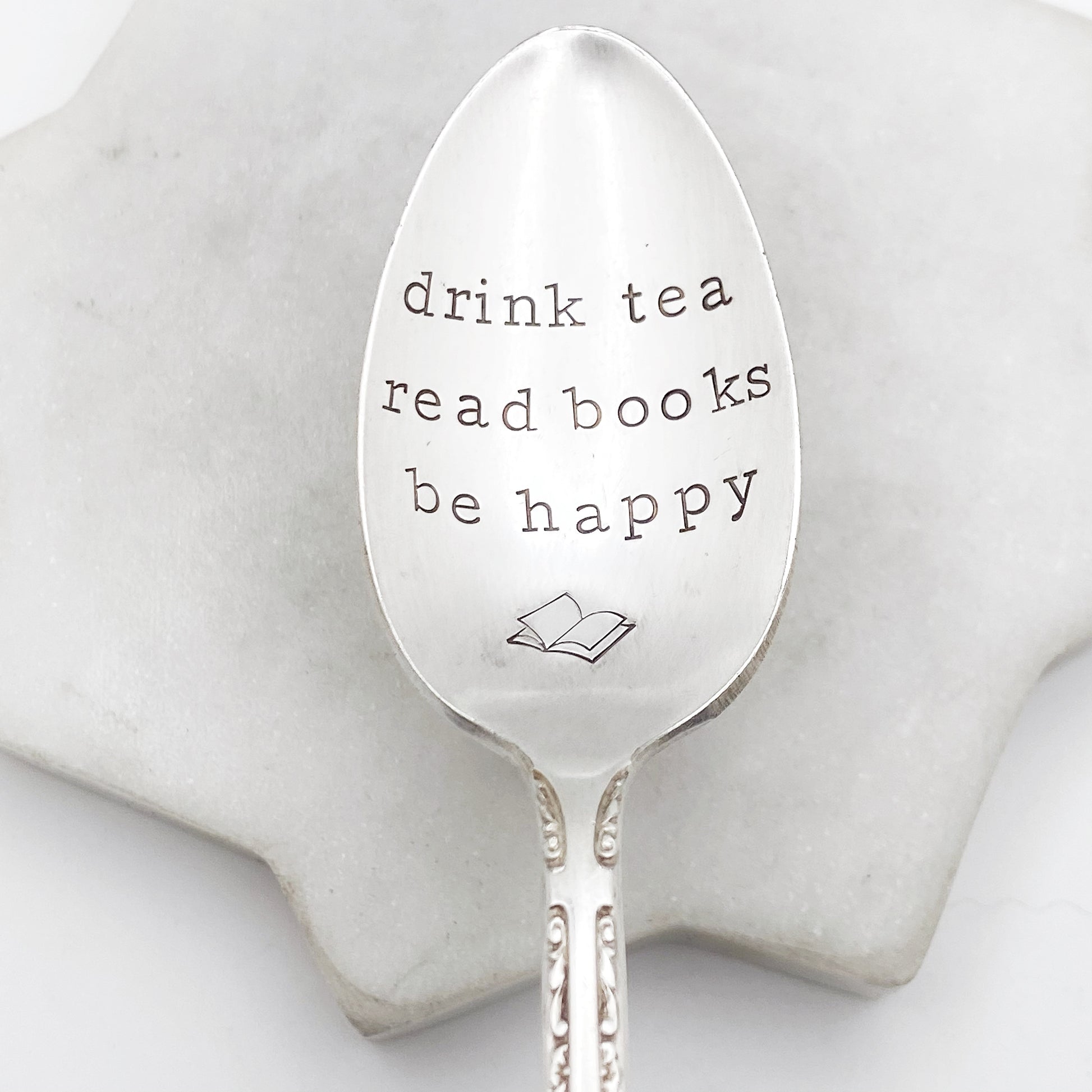 Drink Tea Read Books Be Happy, Hand Stamped Vintage Spoon Spoons callistafaye