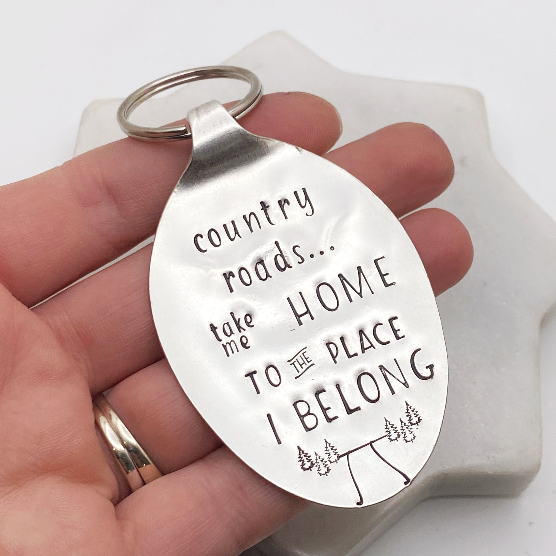 Country Roads Take Me Home, Hand Stamped Vintage Spoon Keychain Keychains callistafaye   