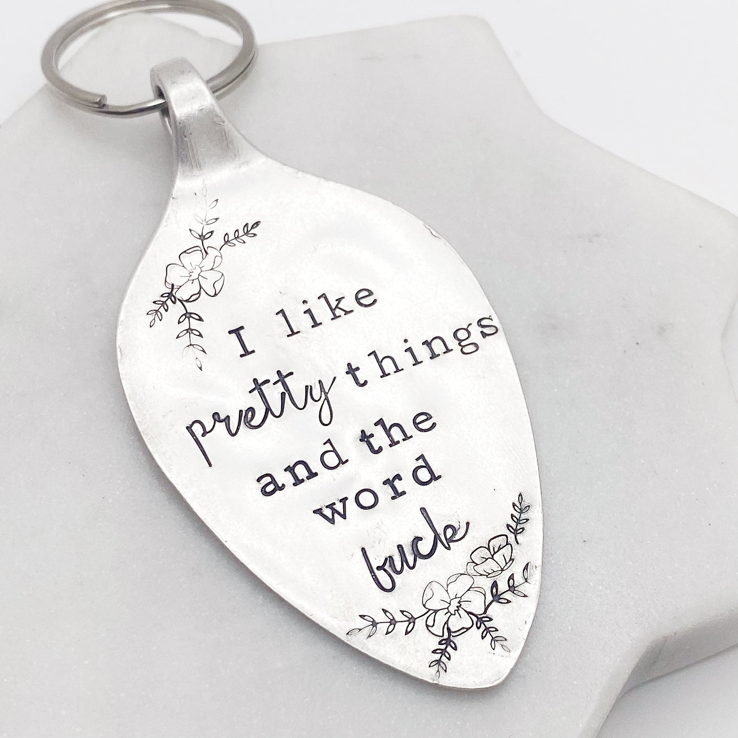 I Like Pretty Things and the Word Fuck, Hand Stamped Vintage Spoon Keychain Keychains callistafaye   