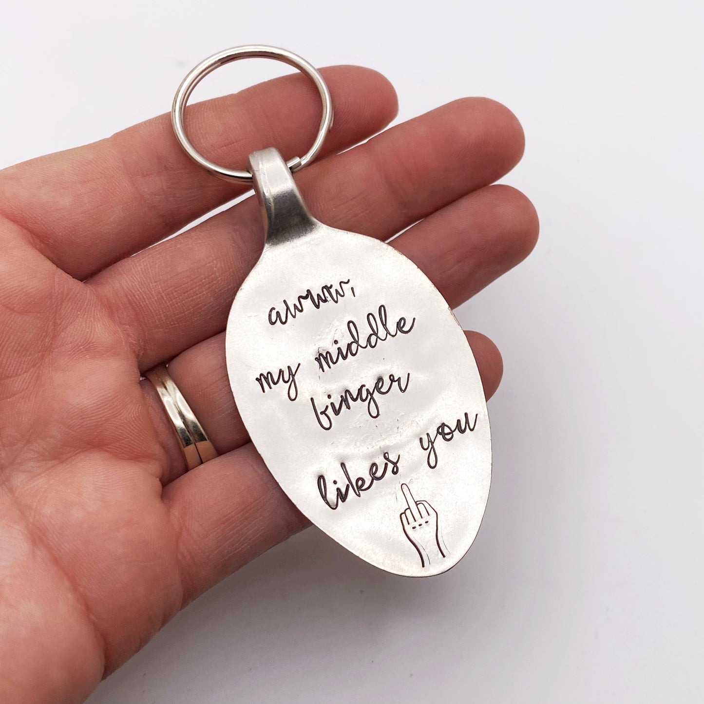 Awww My Middle Finger Likes You, Hand Stamped Vintage Spoon Keychain Keychains callistafaye