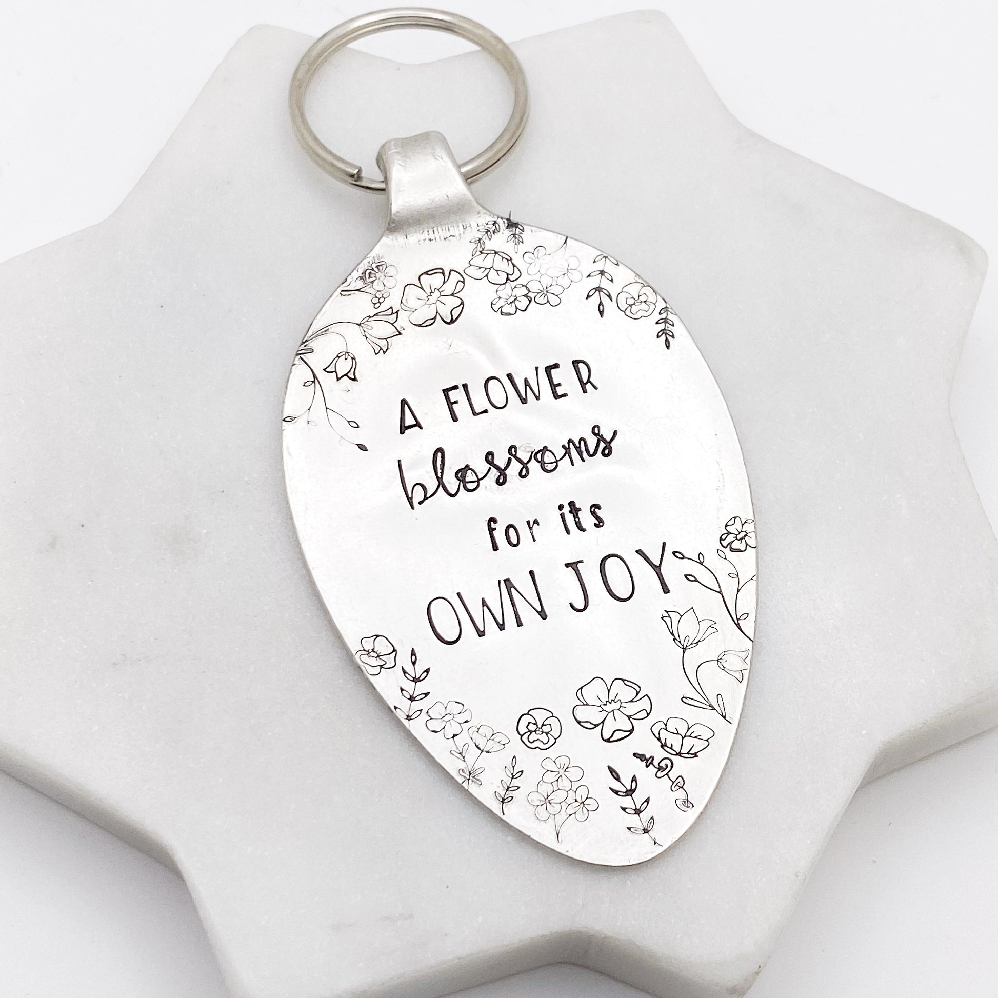 A Flower Blossoms for its Own Joy, Hand Stamped Vintage Spoon Keychain Keychains callistafaye   