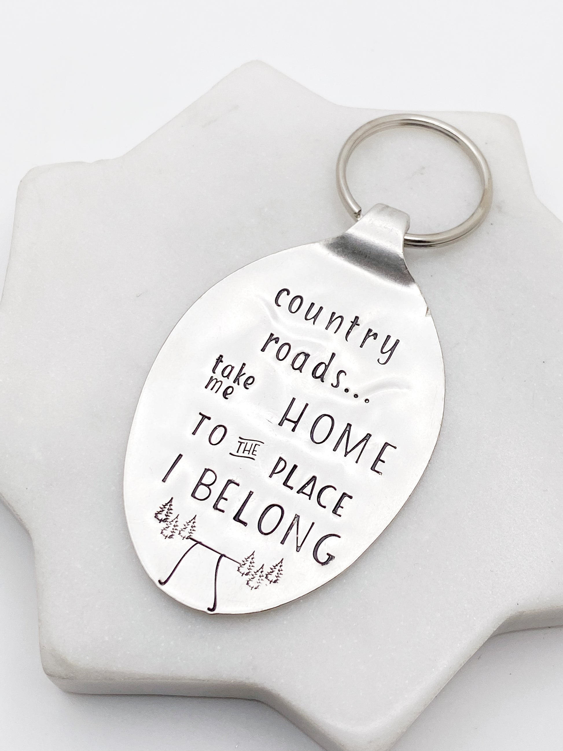 Country Roads Take Me Home, Hand Stamped Vintage Spoon Keychain Keychains callistafaye   