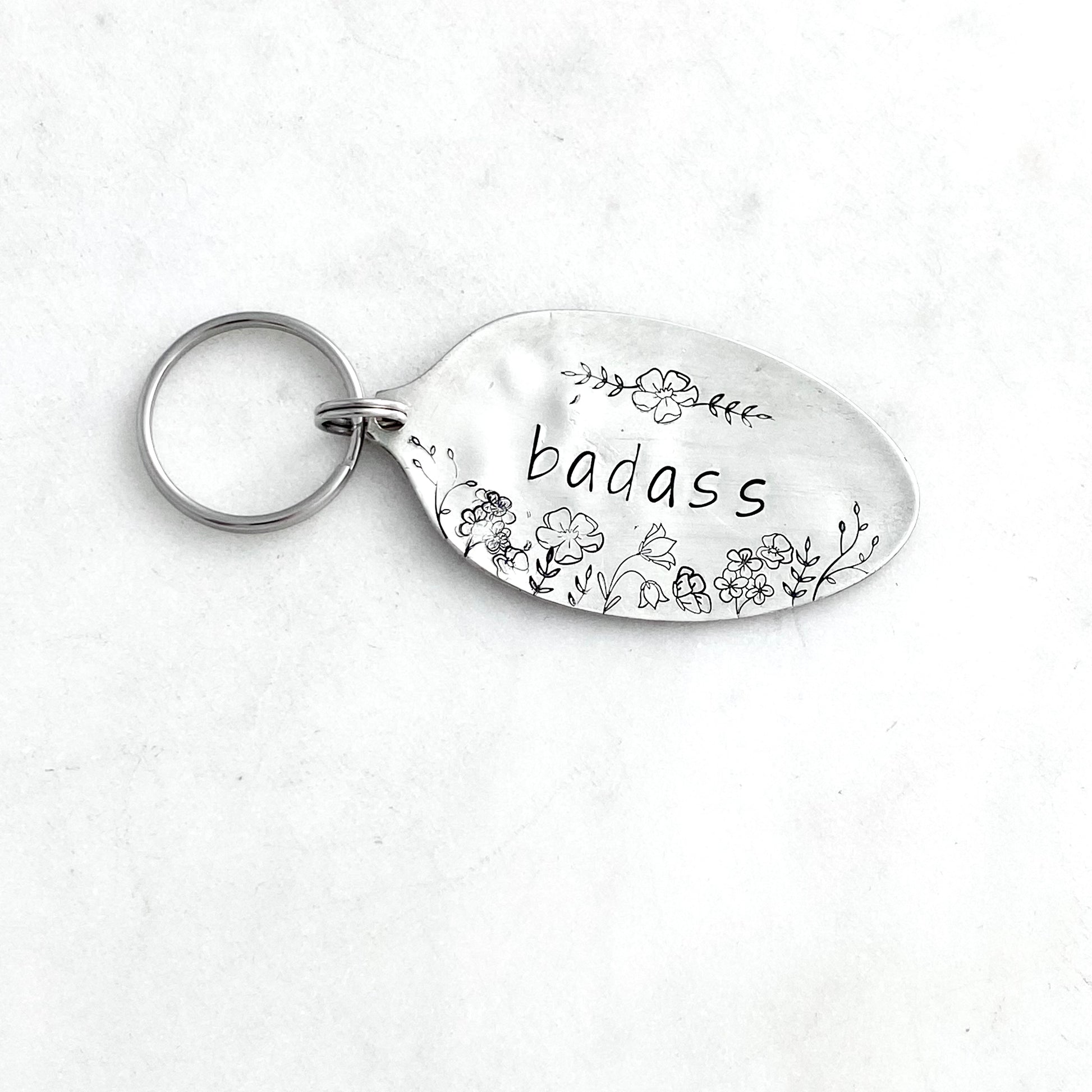 Badass Floral, Hand Stamped Vintage Spoon Keychain Keychains callistafaye   