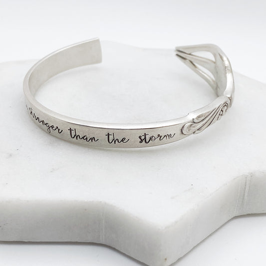 Be Stronger Than the Storm, Wind Song 1955, Cocktail Fork Cuff Bracelet, Hand Stamped Vintage Seafood Fork Bracelets callistafaye   