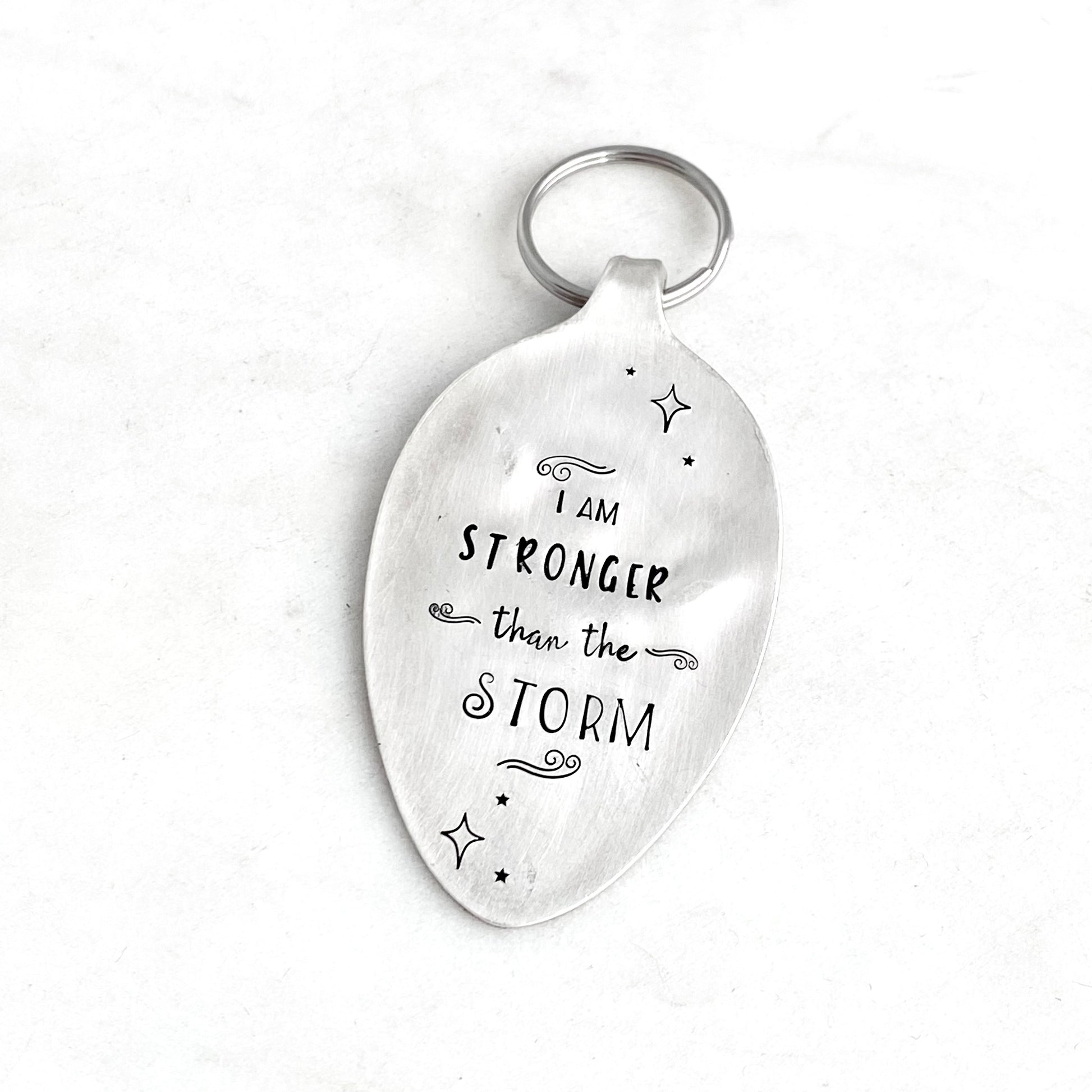 I am Stronger Than the Storm, Hand Stamped Vintage Spoon Keychain Keychains callistafaye   