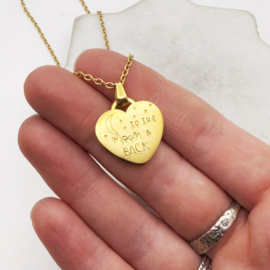 To the Moon & Back, Hand Stamped Heart Necklace