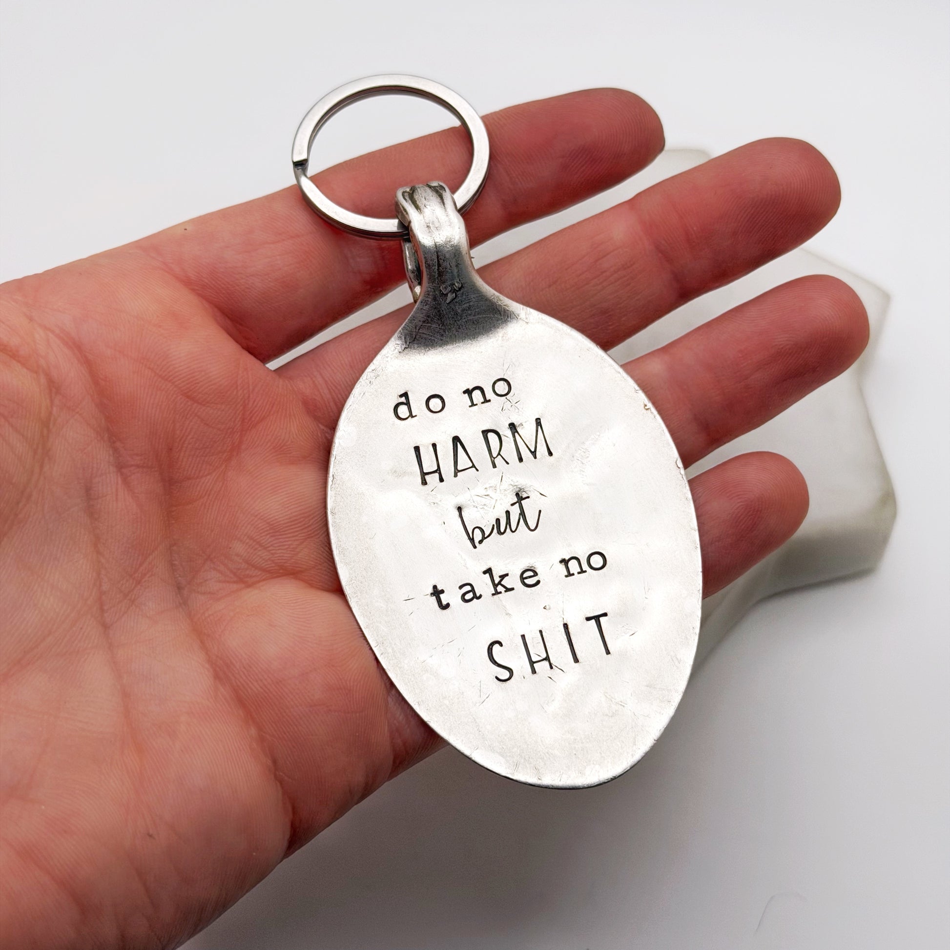 Do No Harm But Take No Shit, Hand Stamped Vintage Spoon Keychain Keychains callistafaye
