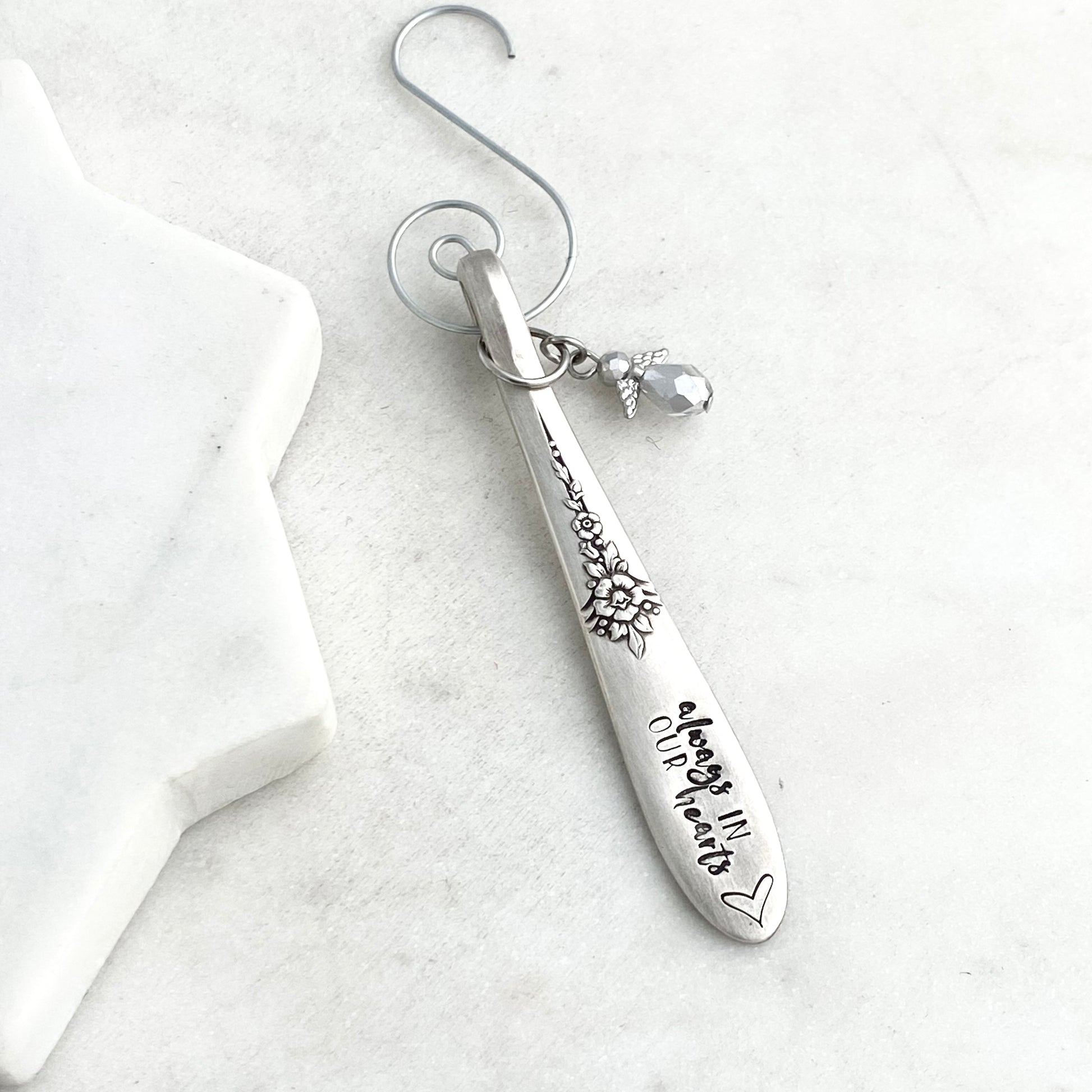 Always in our Hearts, Angel Charm Ornament, Fantasy 1941, Hand Stamped Vintage Spoon Ornament Ornaments callistafaye   