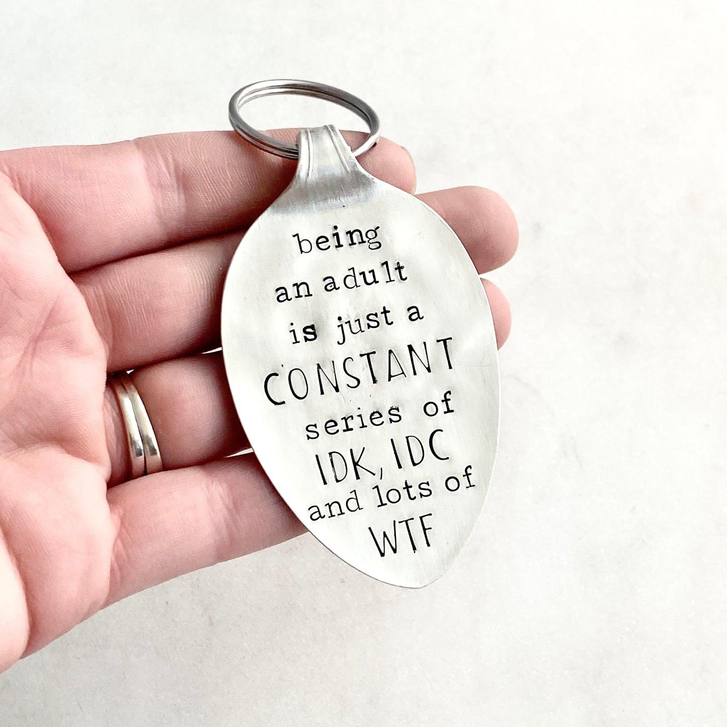 Being an Adult..., Hand Stamped Vintage Spoon Keychain Keychains callistafaye   