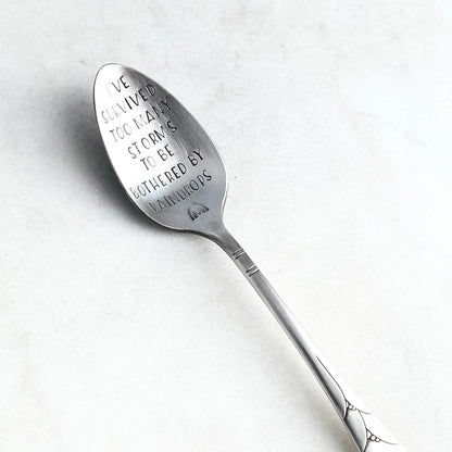 I've Survived Too Many Storms to be Bothered by Raindrops, Hand Stamped Vintage Spoon Spoons callistafaye   