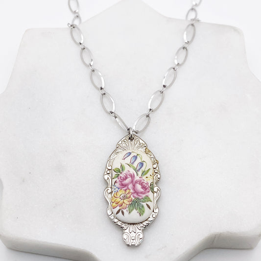 Floral Bouquet Pendant, Flower Jewelry, Reclaimed Collector's Spoon Necklace, Vintage Souvenir Spoon Jewelry