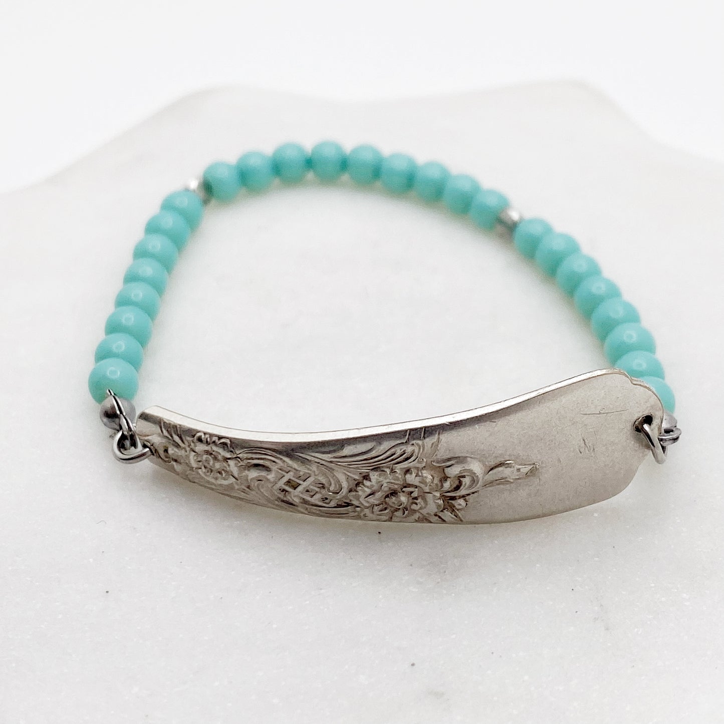 Wood Rose 1950, Turquoise Sea Glass, Beaded Silverware Stretch Bracelet, Vintage Spoon Handle, Antique Spoon Bracelet Bracelets callistafaye   