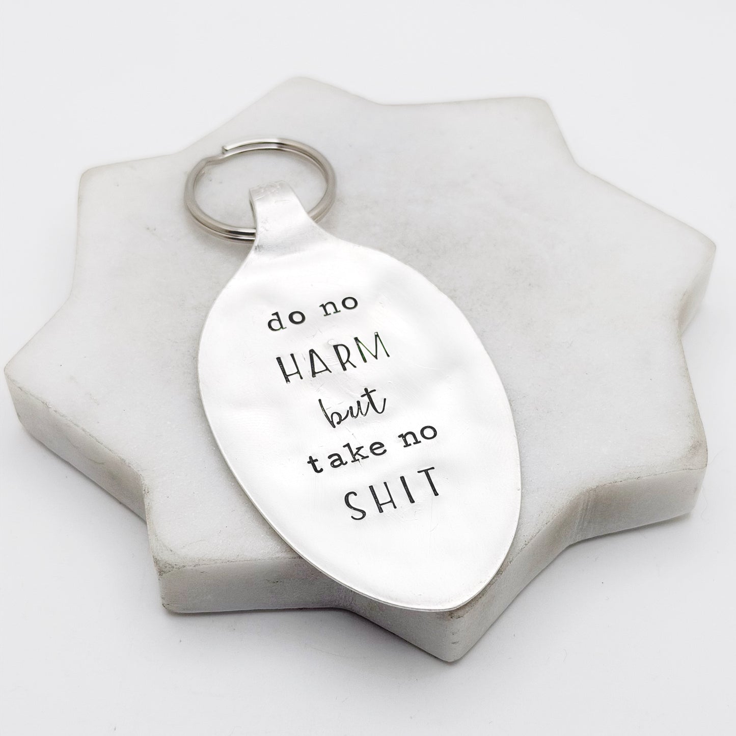 Do No Harm But Take No Shit, Hand Stamped Vintage Spoon Keychain Keychains callistafaye