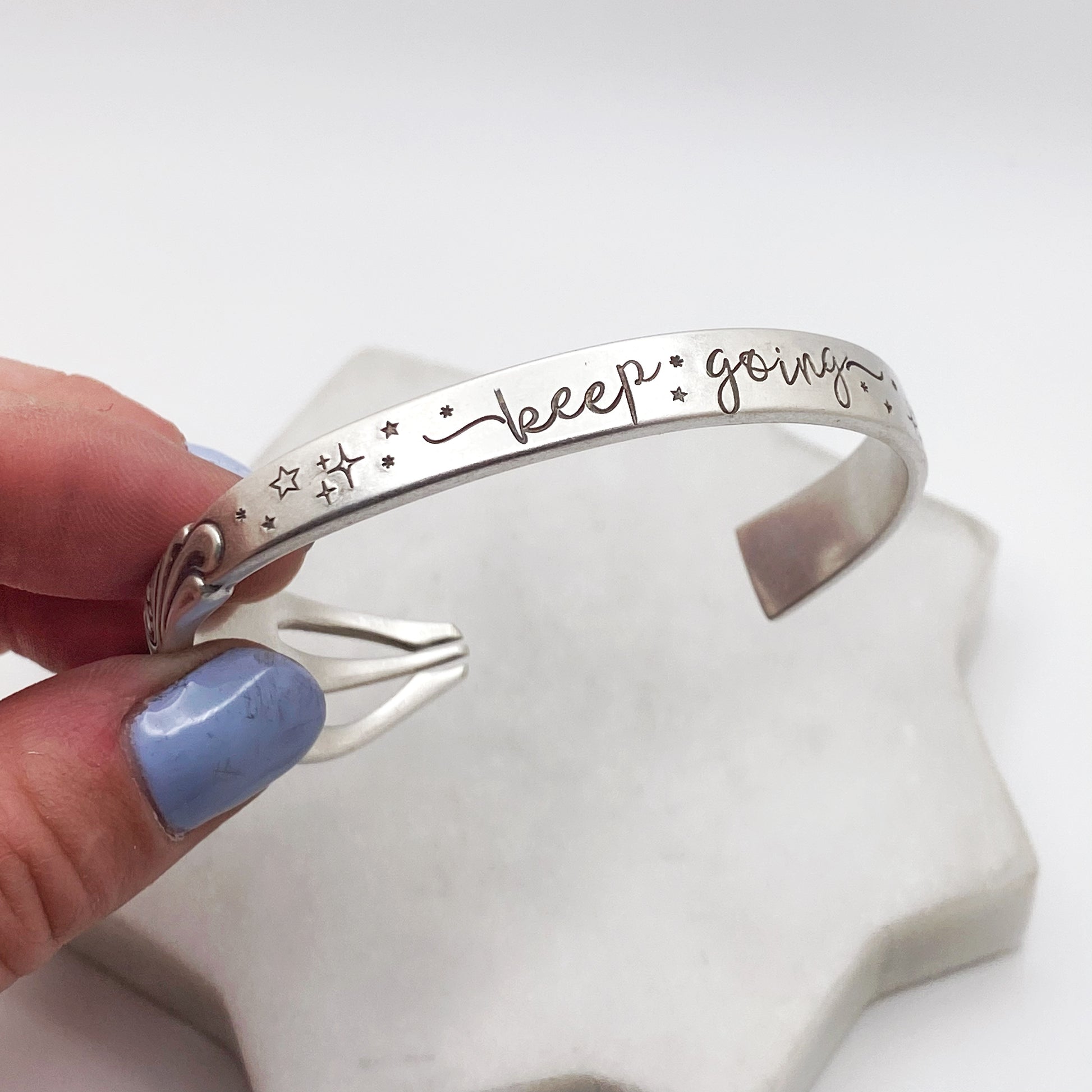 Keep Going, Wind Song 1955, Cocktail Fork Cuff Bracelet, Hand Stamped Vintage Seafood Fork Bracelets callistafaye   